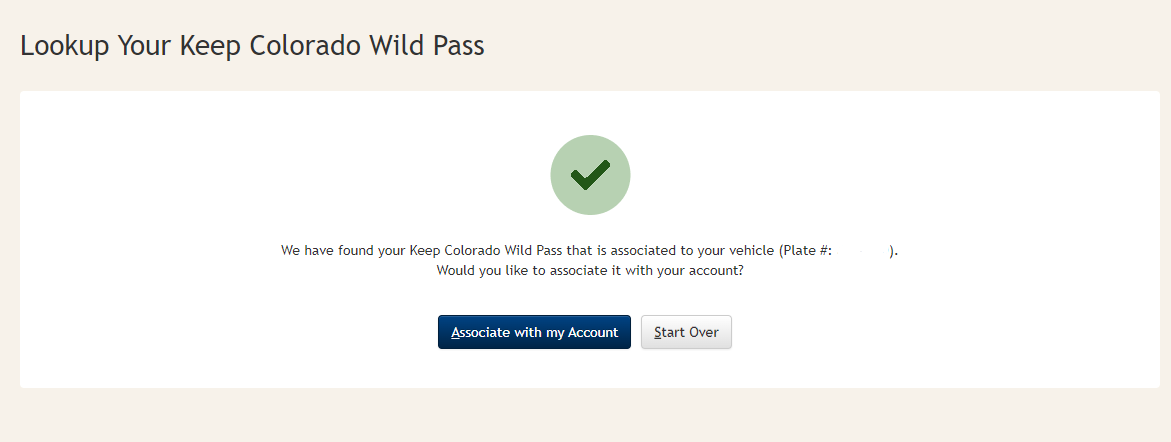 Screenshot of 'we have found your Keep Colorado Wild Pass that is associated with your vehicle' confirmation message.