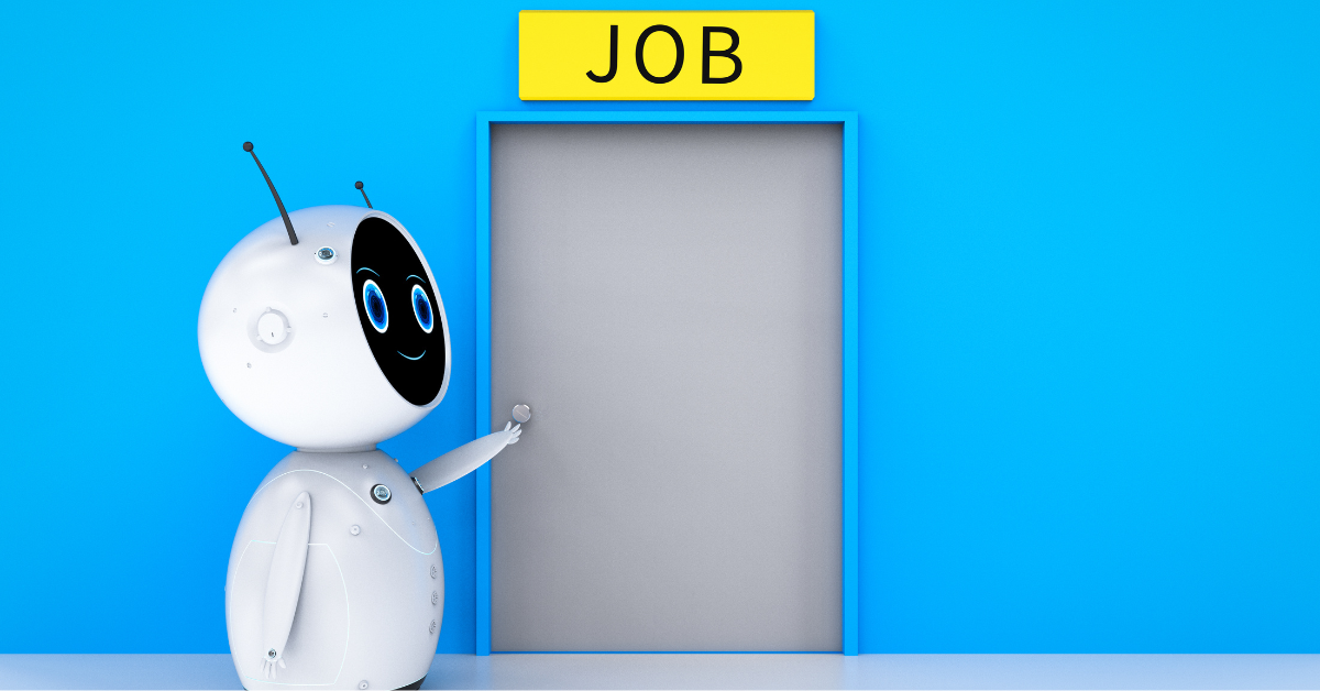 A robot standing at a career crossroads with signs pointing towards different AI job paths in computer science.