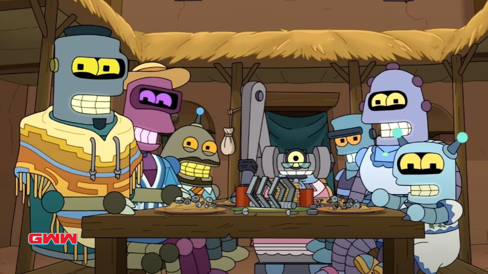 Bender and other robots in traditional clothing eating around a table.