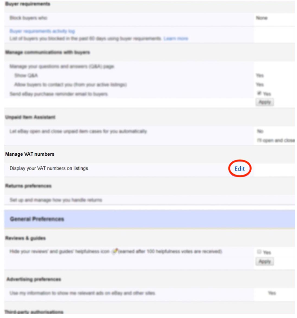 A screenshot of how to manage VAT numbers in eBay