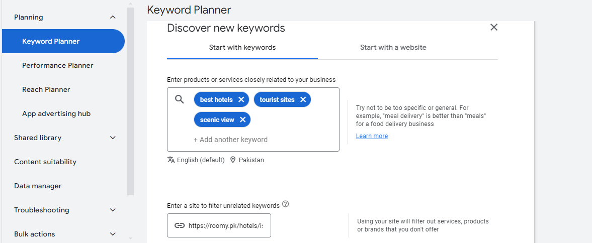 Google keyword planner screenshot