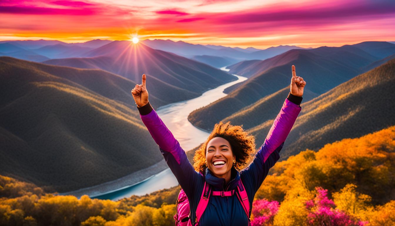 A person standing on a mountain peak, arms raised to the sky, with a vibrant heart-shaped aura surrounding them. The aura is made up of colors like pink, red, and gold. In the background, the sun is setting behind rolling hills and a river. The person is smiling with a sense of deep gratitude and joy as they visualize themselves in a loving relationship with someone who reciprocates their feelings.