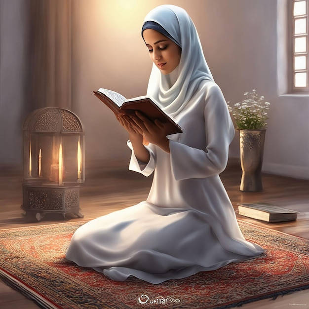 Islamic Girl DP reading Qur'an and wearing a white dress
