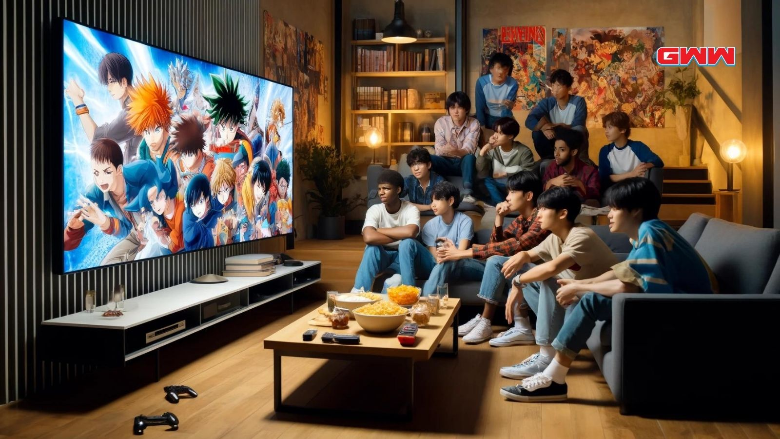 Teen boys watching anime in urban living room