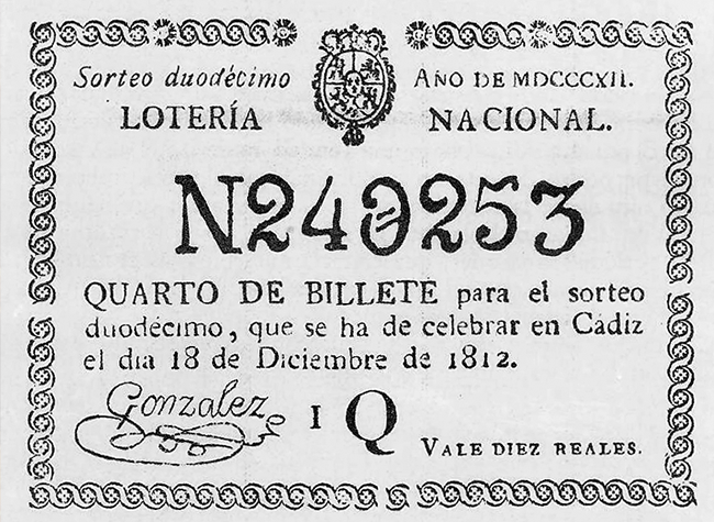 Cuarto de billete sorteado en Cádiz en 1812