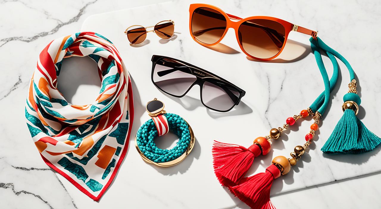 Create an image of a collection of fashion accessories for women, featuring statement earrings, a vibrant scarf, a trendy crossbody bag, and stylish sunglasses, all arranged on a white marble surface with natural light pouring in. The earrings should be bold and eye-catching with unique textures or patterns. The scarf should feature a bold print or pattern that contrasts well with the other accessories. The crossbody bag should have a sleek design with distinct hardware details. The sunglasses should be oversized and provide a pop of color that complements the other accessories. The overall aesthetic should be modern and chic, with clean lines and a minimalist vibe.