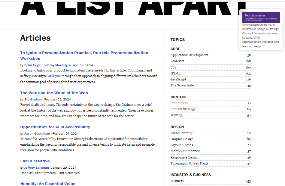 A List Apart is another good blog because of its simple and easy layout