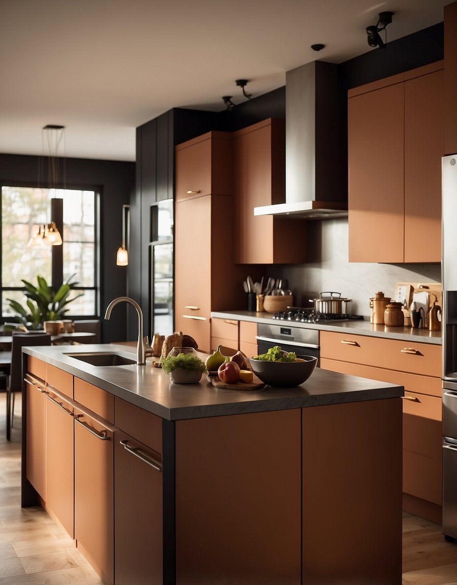 A modern kitchen with terracotta-colored cabinets, sleek countertops, and stainless steel appliances. The warm, earthy tones create a cozy and inviting atmosphere