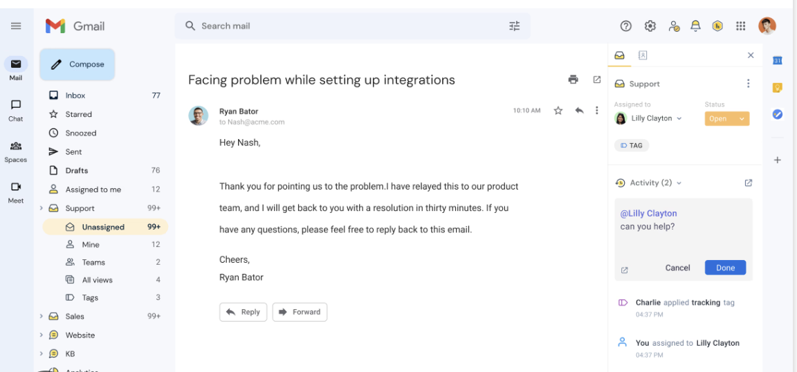 Gmail's integration with Hiver