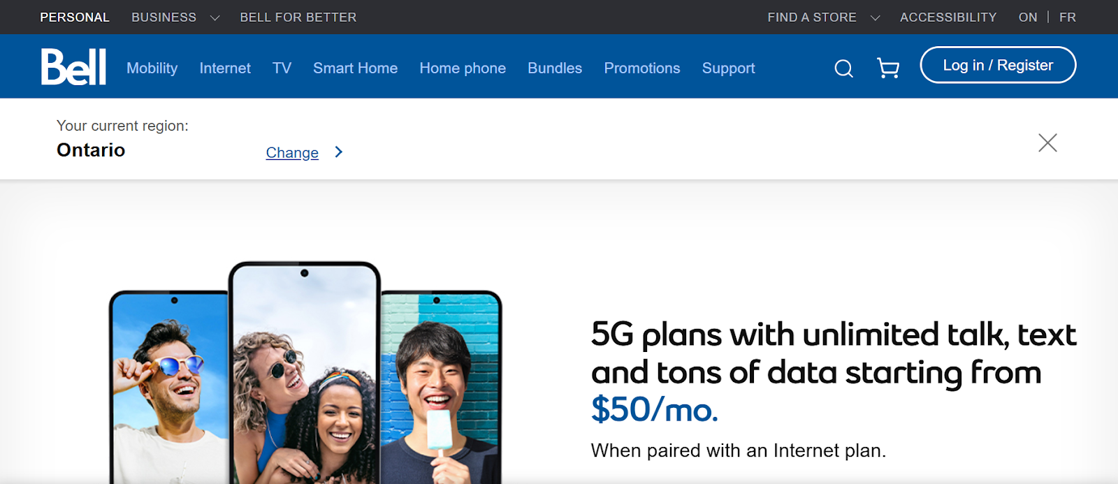 Bell Canada website snapshot highlighting the services it offers.