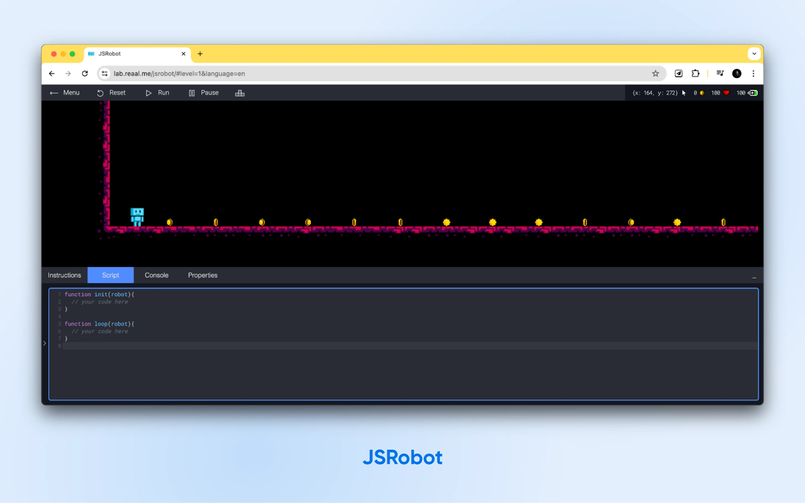 JSRobot abierto con "Script" y un pequeño robot azul parado en la línea de salida con obstáculos delante.
