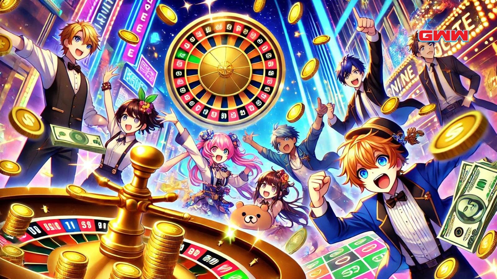 A vibrant anime scene depicting characters winning money in an anime roulette game. 