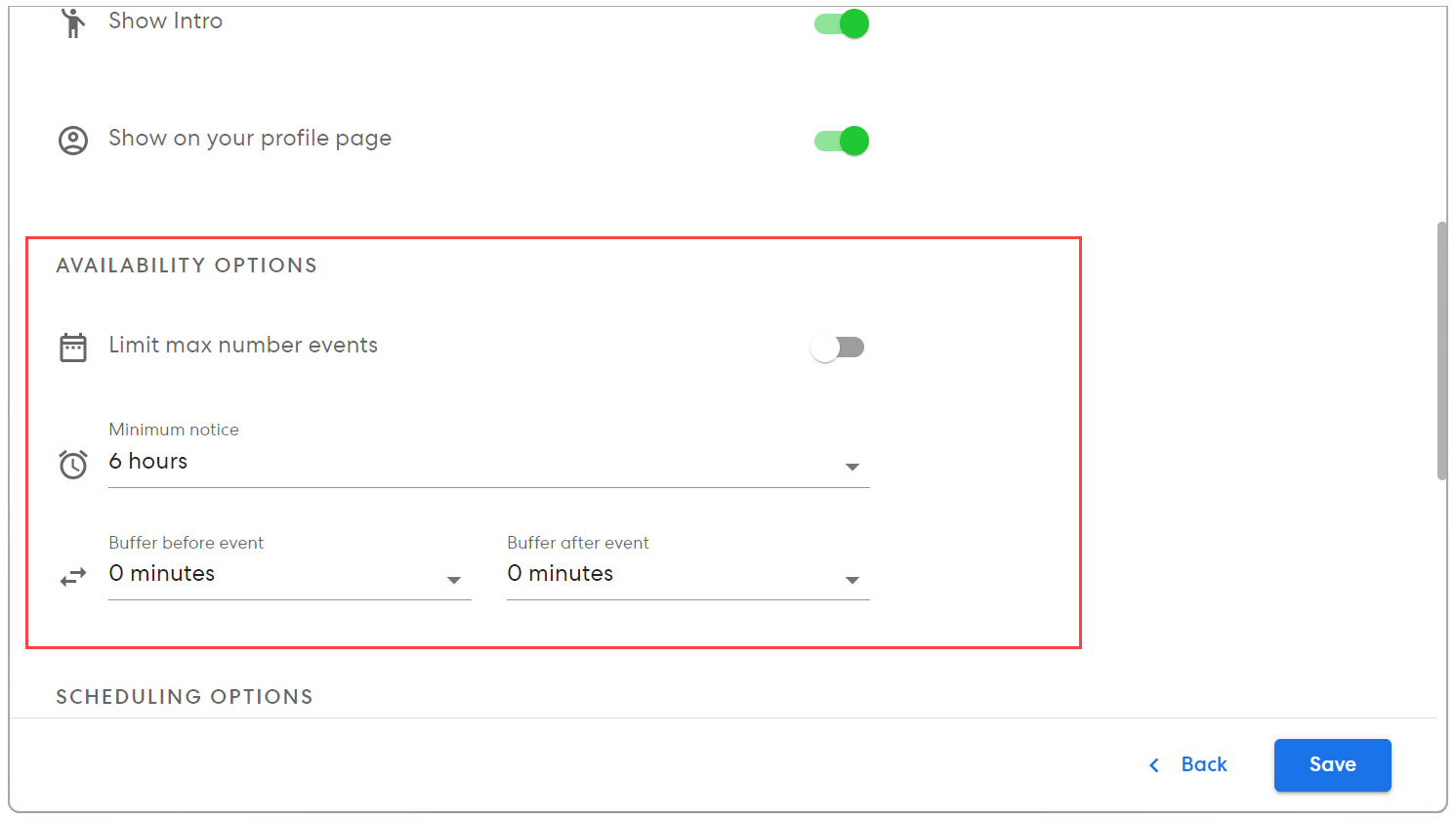 Set buffers, minimum notice, and maximum number of events in zcal