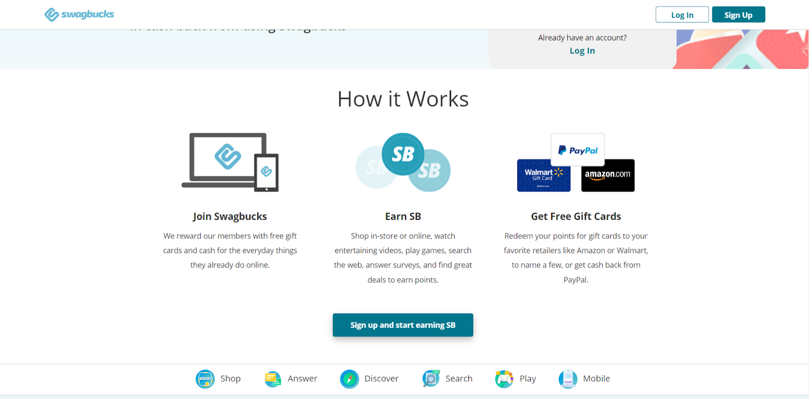 The Swagbucks website showing how the platform works, including signing up, earning points, and redeeming points for gift cards or cash via PayPal.