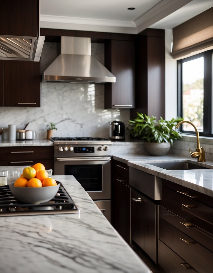 A sleek, modern kitchen with espresso brown cabinets, stainless steel appliances, and a marble countertop