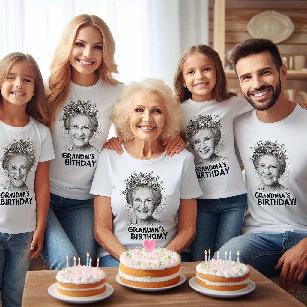 A family celebrates grandma's birthday by wearing matching t-shirts