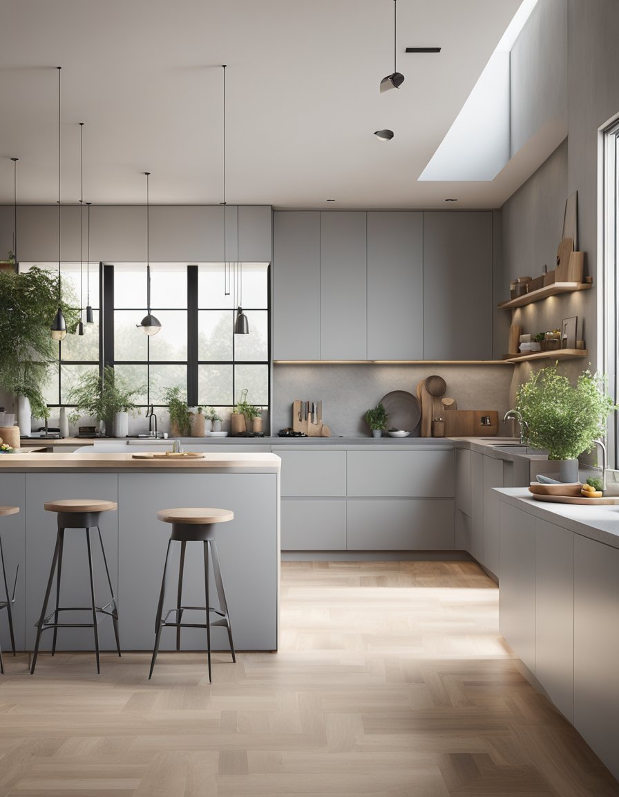 A modern kitchen with matte light gray cabinets, sleek countertops, and minimalist hardware. Bright, natural light floods the space, creating a clean and airy atmosphere