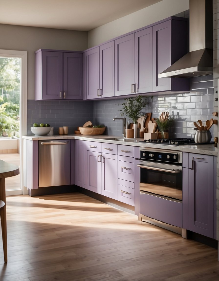 A modern kitchen with lavender 41 cabinets, sleek countertops, and stainless steel appliances. Natural light fills the space, creating a bright and inviting atmosphere