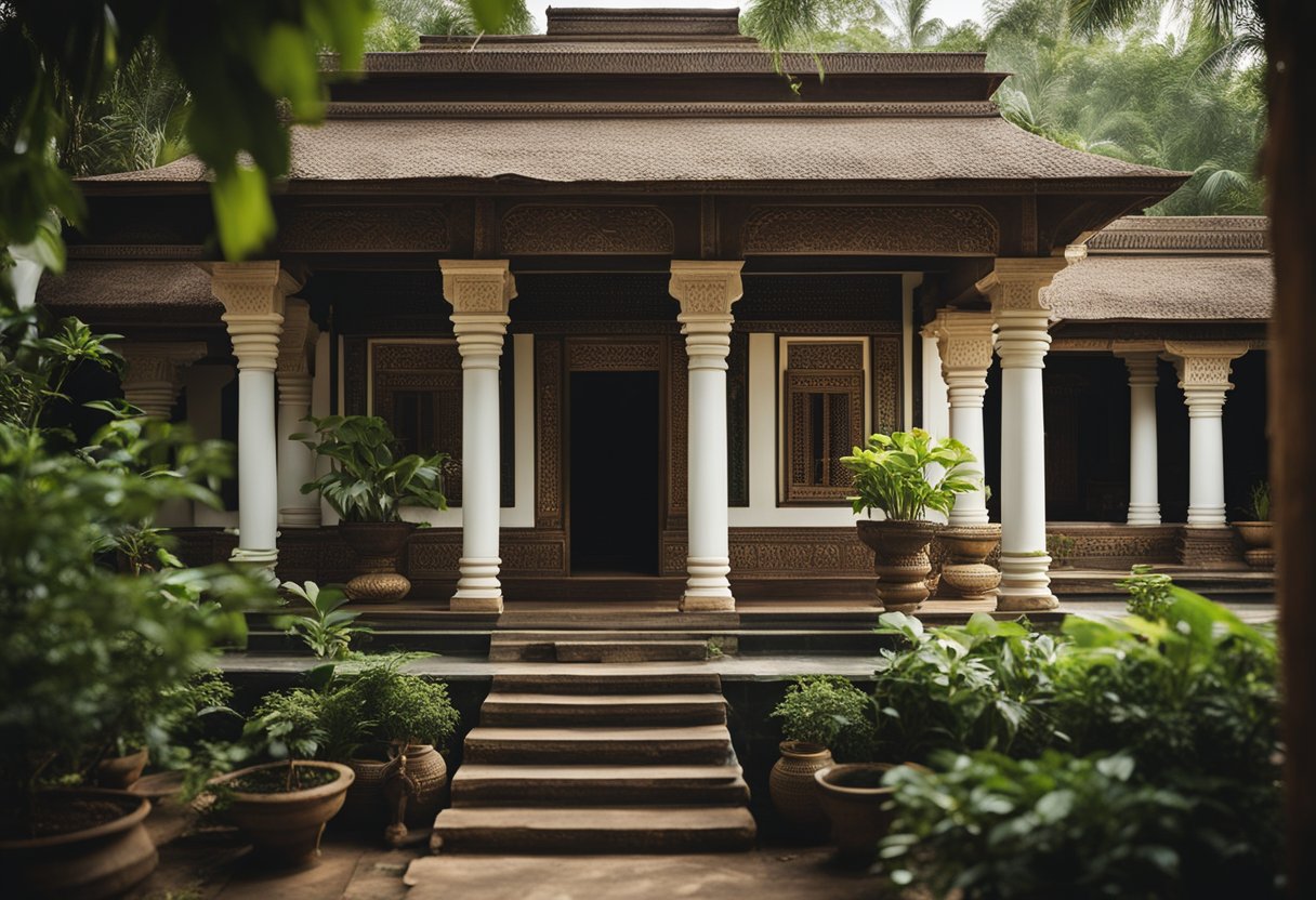 A traditional Indian house facing east, with a front veranda and intricate carvings, surrounded by lush greenery and a small temple in the courtyard