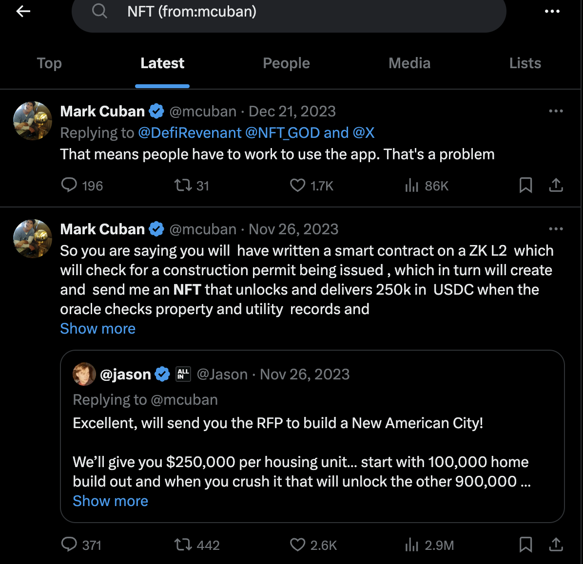 Mark Cuban's tweets including the word "NFT"