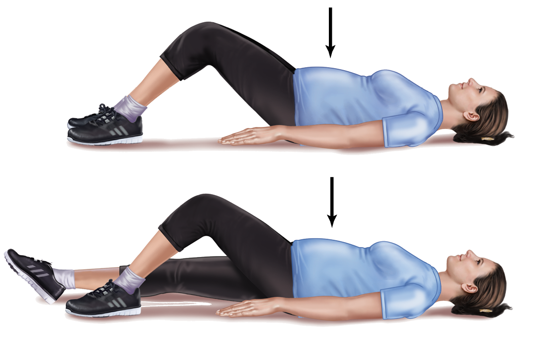 A woman lies flat on her back with her knees bent. Her arms are flat on the floor by her side. In the first image, both knees are bent. In the second image, her left knee is bent and her right leg is extended, flat on the floor.