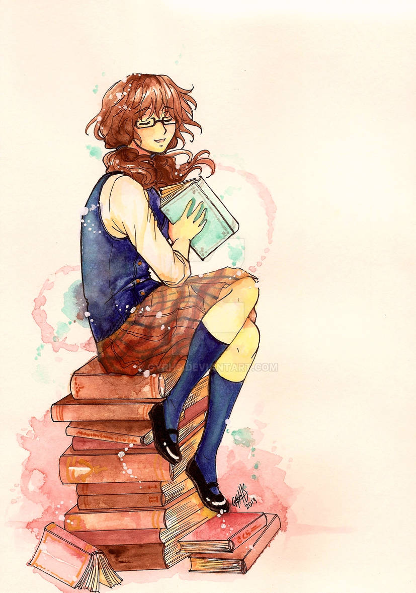 Girly Books DP holding and sitting on a pile of books