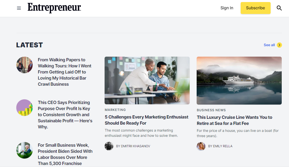 Homepage of Entrepreneur - one of the best business blogs