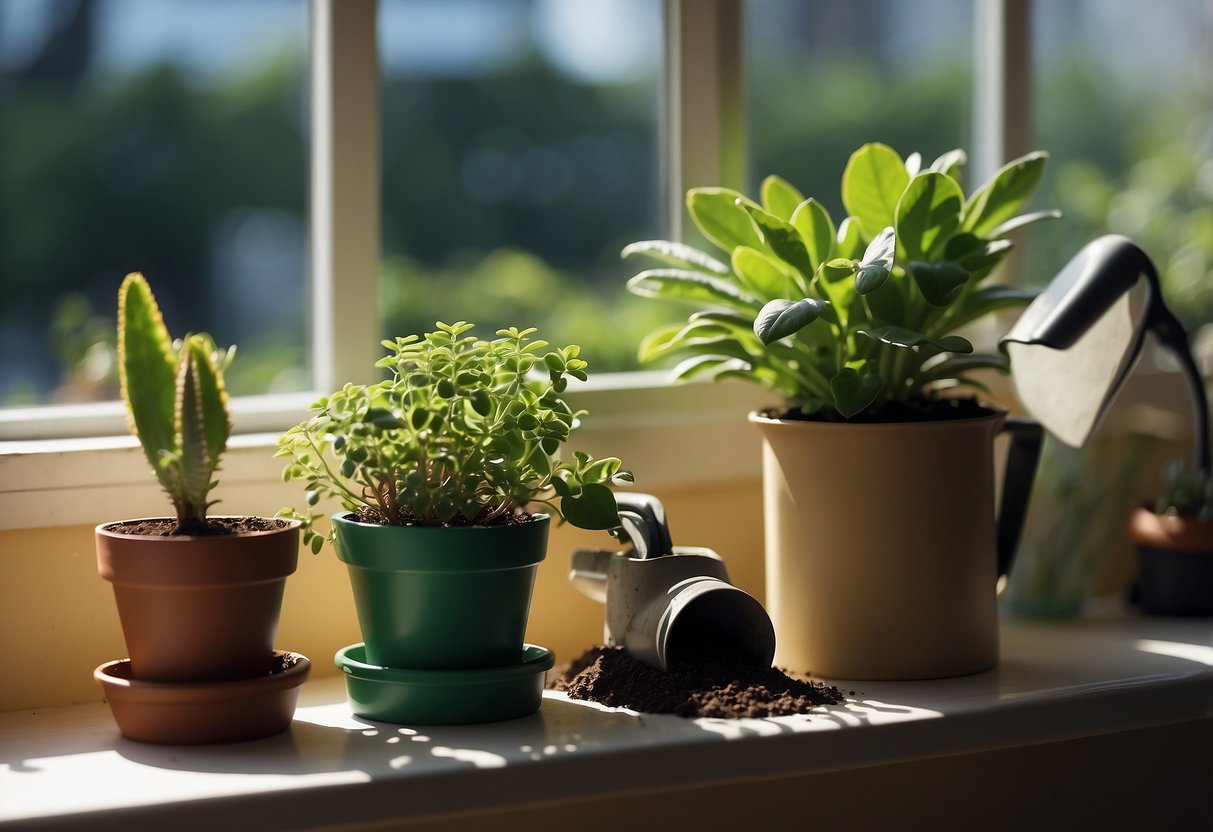 Lush green houseplants sit on a sunny windowsill, surrounded by small watering cans, a bag of potting soil, and a pair of gardening gloves. A care guide book is open nearby