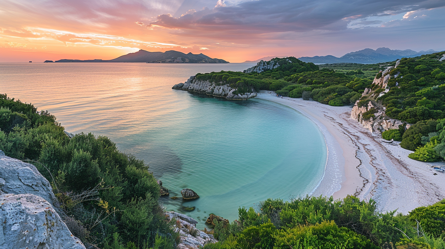 A crowd-free, tranquil sunrise scene at a beach in Sardinia, Italy.