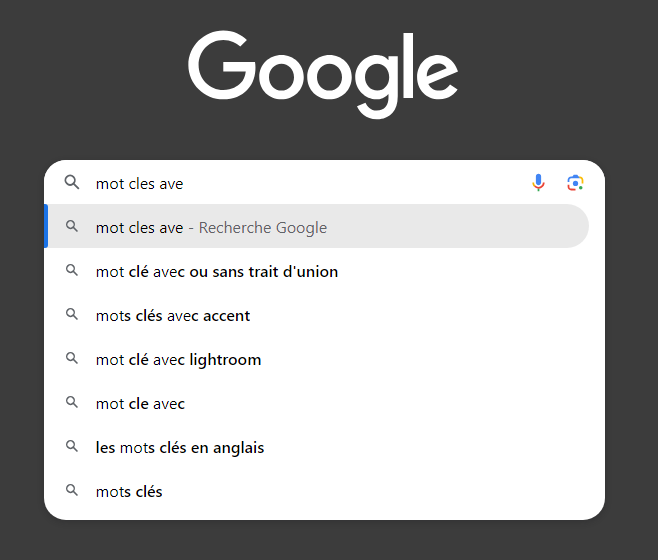 completion de google pour le mot cle "mot cles avec"