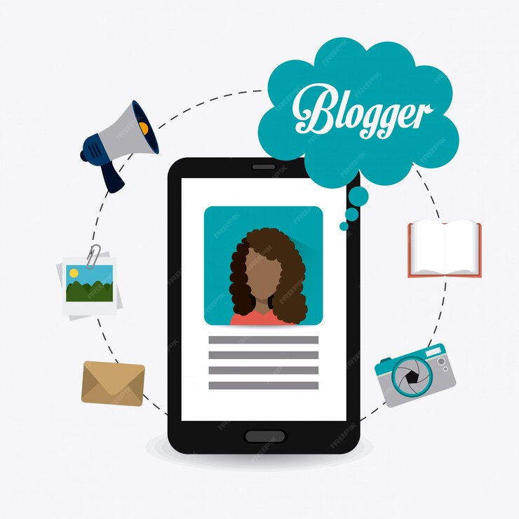 illustration showing personal blog design on a smartphone surrounded by a book, a camera, pictures, an envelope, a megaphone, and a thought bubble