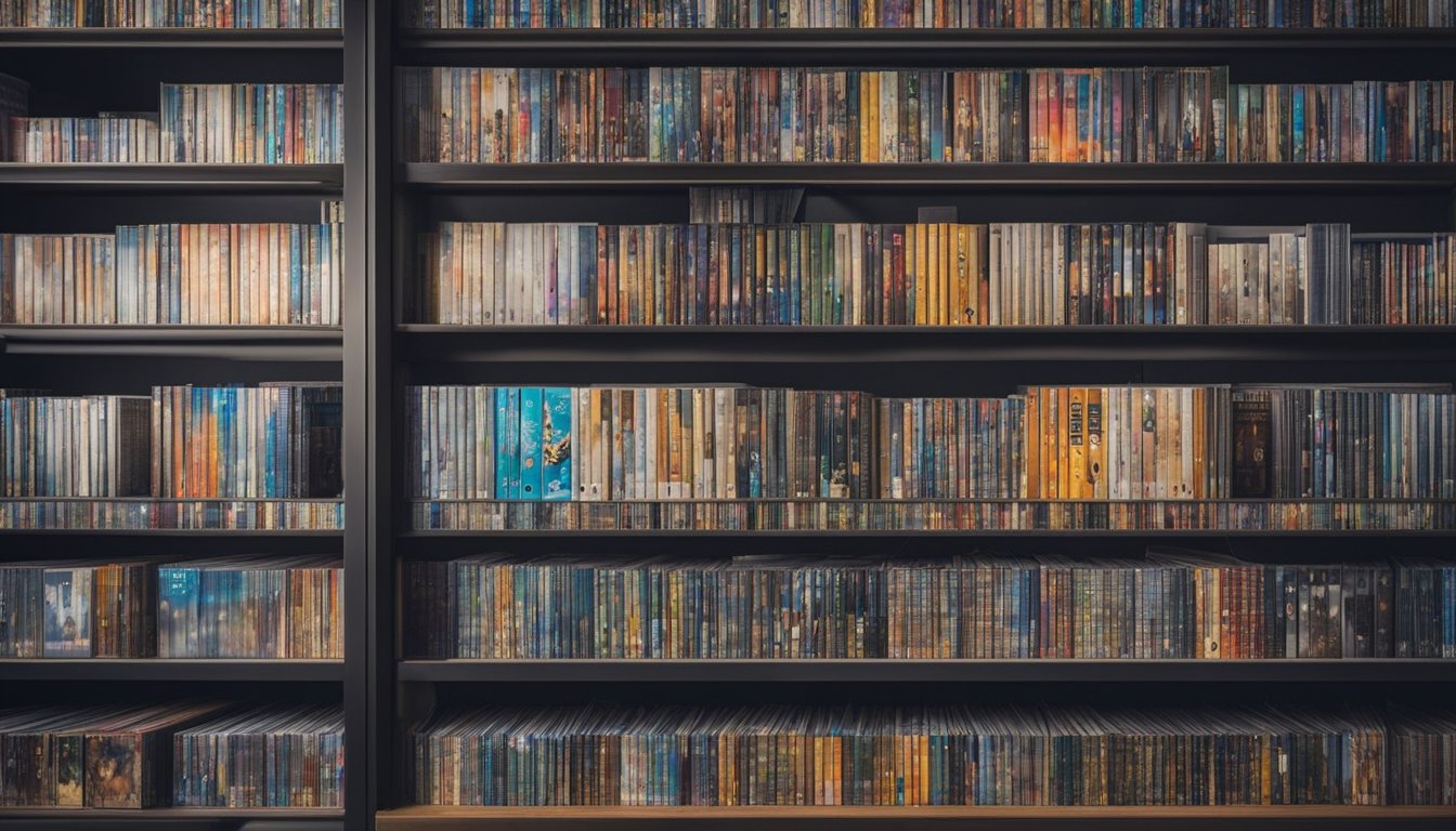 A shelf filled with colorful anime DVDs and Blu-rays, with posters of the latest releases adorning the walls