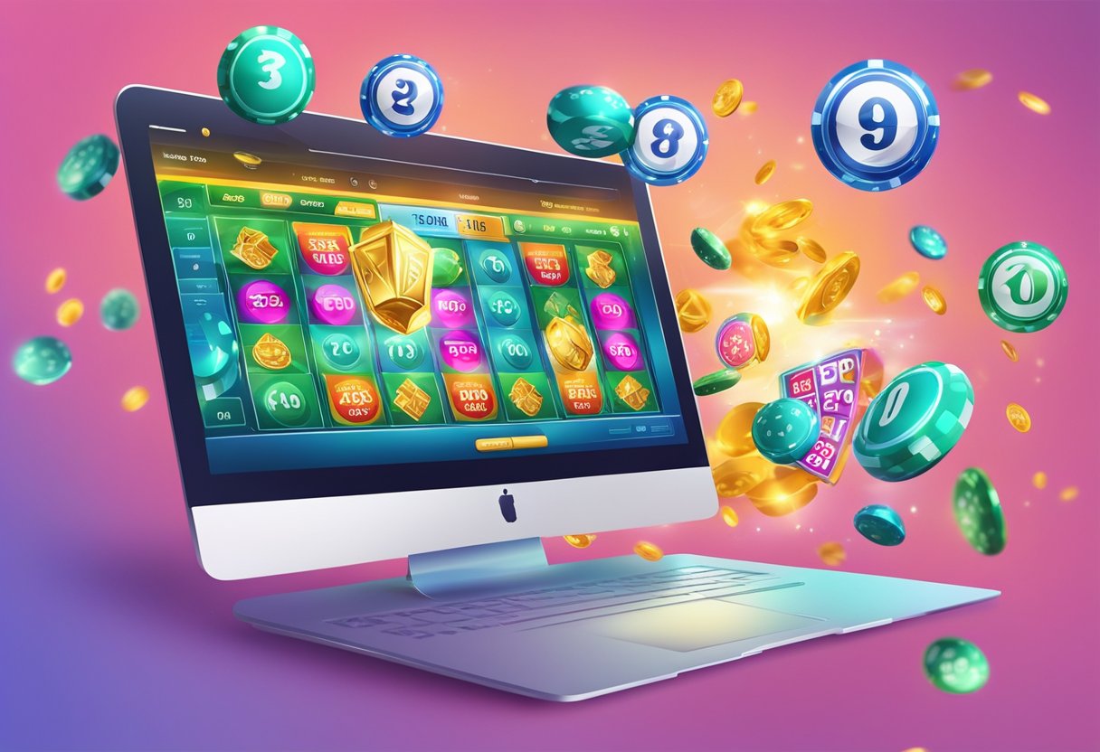 A computer screen displays an online lotto and casino website with modern graphics and trendy design elements