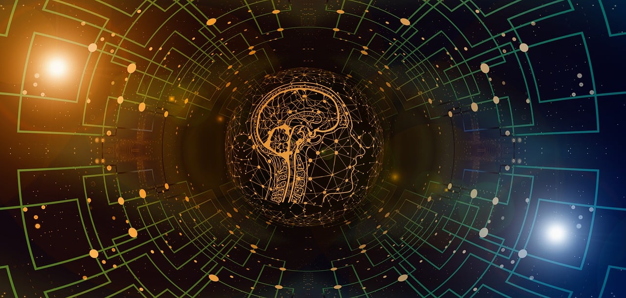 A digital illustration of a human brain in the center, surrounded by interconnected network lines and geometric shapes.