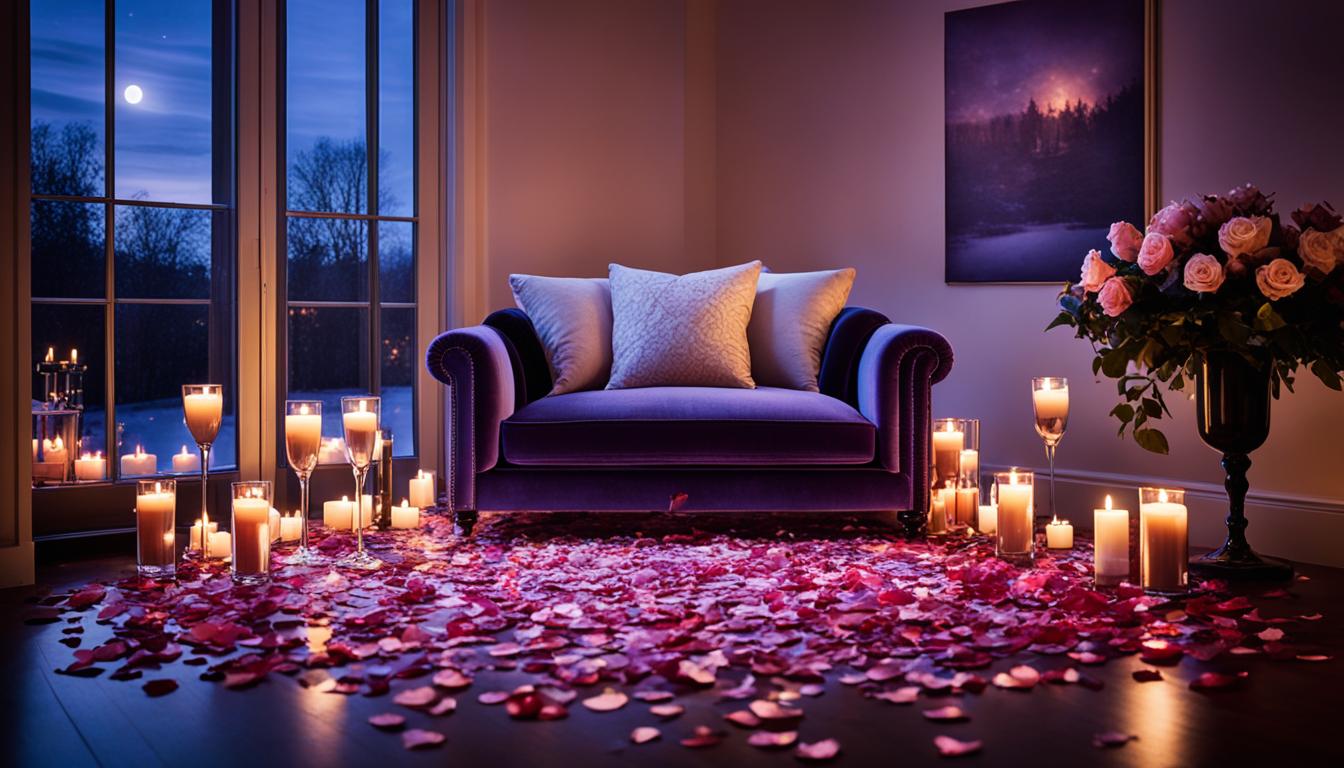 A dimly lit room with soft candles scattered around, casting warm shadows on a velvet armchair and plush carpet beneath. Faint, romantic music plays in the background as rose petals lay strewn across a nearby table, next to a chilled bottle of champagne and two flutes. Through the window, a full moon casts moonlight onto the scene, adding to the ambiance of an intimate setting.