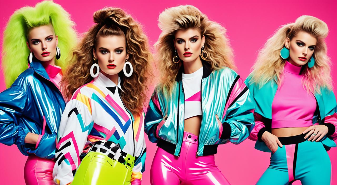 "Create an image that showcases 80s fashion trends with vibrant colors and bold designs. Focus on iconic items such as neon leggings, oversized shoulder pads, acid wash jeans, brightly colored windbreakers, and wild hairstyles like crimped and teased hair. Incorporate geometric patterns, graphic prints, and metallic accents to capture the essence of the decade. The overall feel of the image should be energetic and fun, reflecting the rebellious spirit of 80s fashion."