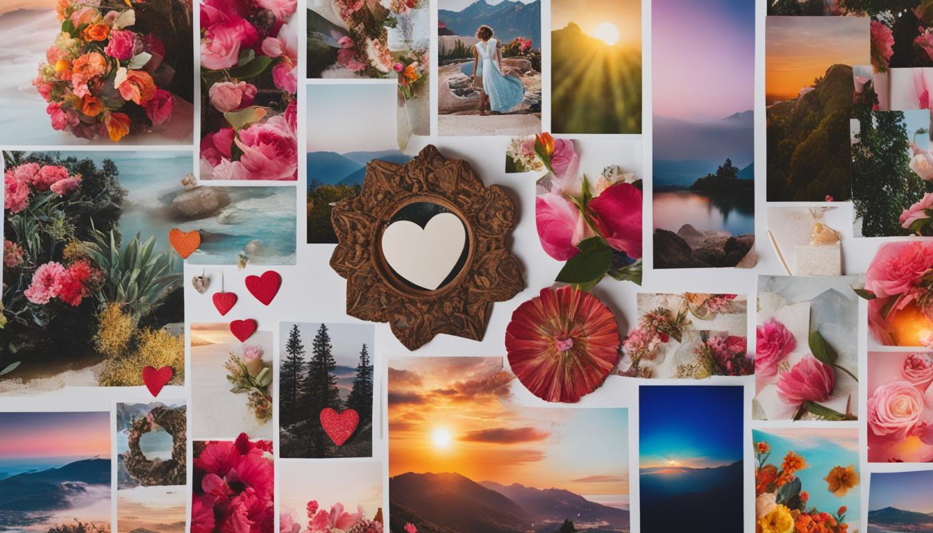 An image of a vision board for attracting love, featuring a collage of images and words that evoke feelings of positivity, self-love, and deep connection. Use bright and vibrant colors to represent joy and optimism, and include symbols for abundance and fulfillment, such as hearts, flowers, and shining stars. Show images of happy couples or people embracing each other, to inspire feelings of intimacy and closeness. Add words like "love," "commitment," "passion," "happiness," and "harmony" to the board, along with phrases like "I am worthy of love," "I attract love effortlessly," and "My heart is open to give and receive love." Show a clear path towards manifesting the dream partner, such as writing down qualities you seek in a partner, setting intentions for the relationship, and taking action towards meeting new people. The overall vibe should be one of hope, excitement, and trust in the power of the universe to bring the perfect person into your life.