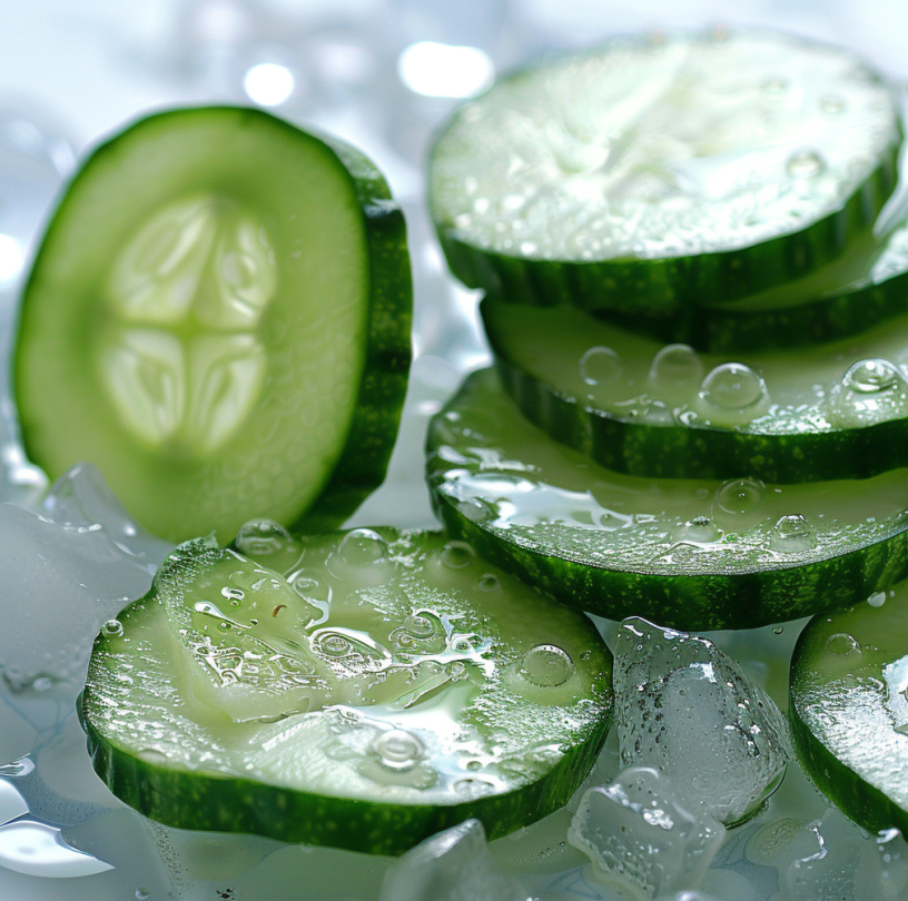 Fresh cucumber slices with water droplets and ice cubes on a reflective surface.