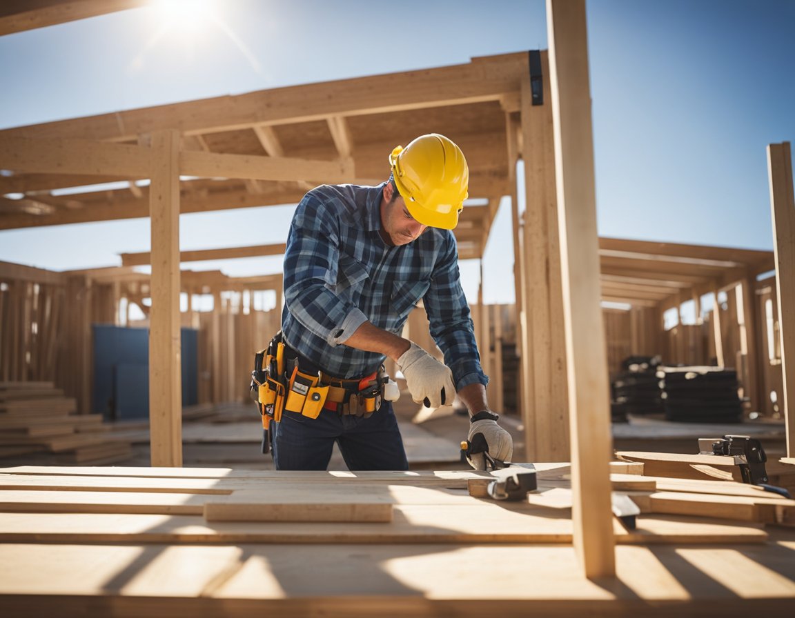 A framing contractor in San Diego, CA prepares materials for construction, measuring and cutting lumber for framing. Tools and safety equipment are laid out