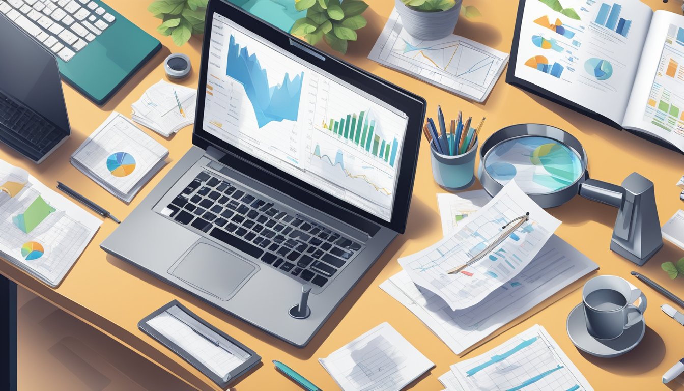 A desk with a laptop open to Amazon, surrounded by notes and charts. A magnifying glass hovers over the screen, symbolizing analysis