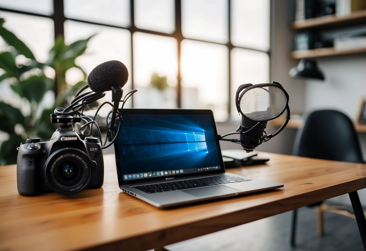 A desk with a laptop camera and microphone Vlog branding materials scattered around Bright modern and inviting space