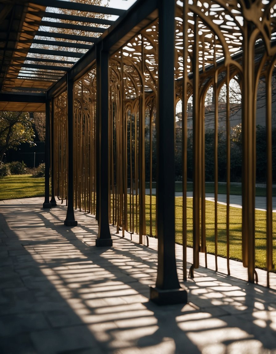 A pergola stands adorned with intricate metalwork, casting dramatic shadows in the soft sunlight