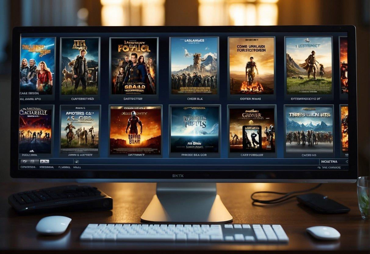 A computer screen displaying various movie genres and titles, with a cursor navigating through the options