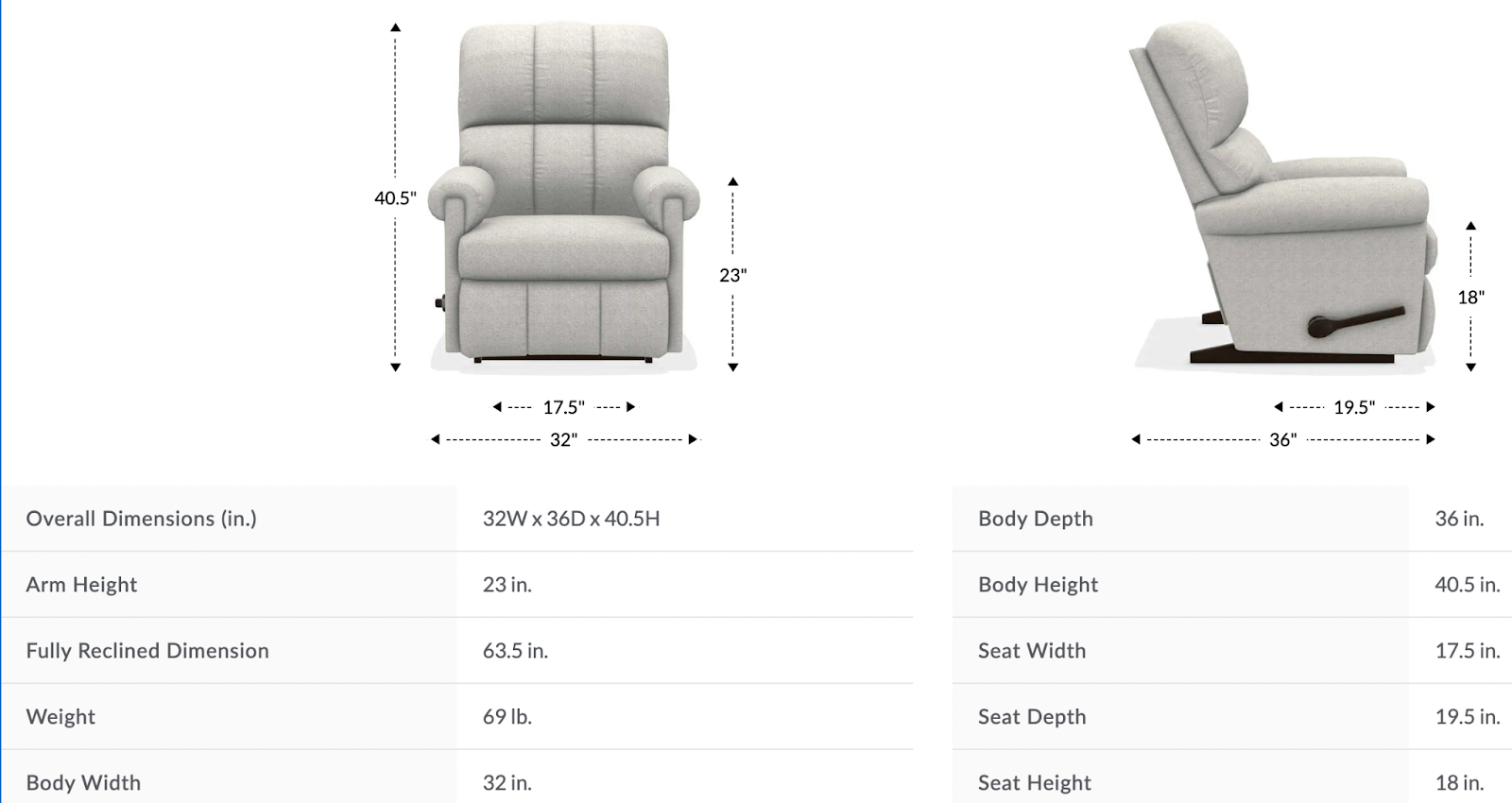 vail wall recliner size