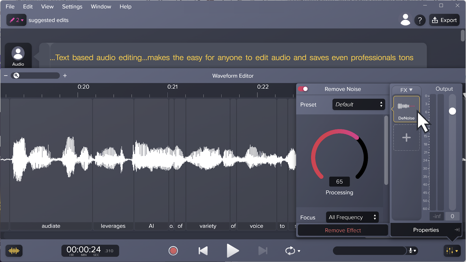 Image of Audiate interface showing how to use the Remove Noise tool to clear up background noise.