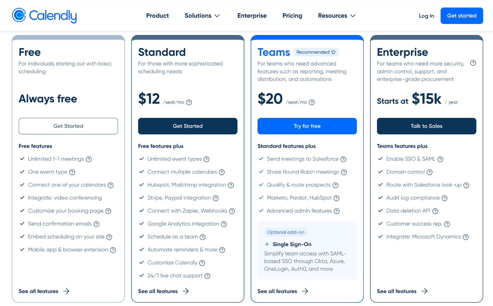 Calendly pricing with one free plan and three paid plans offer.