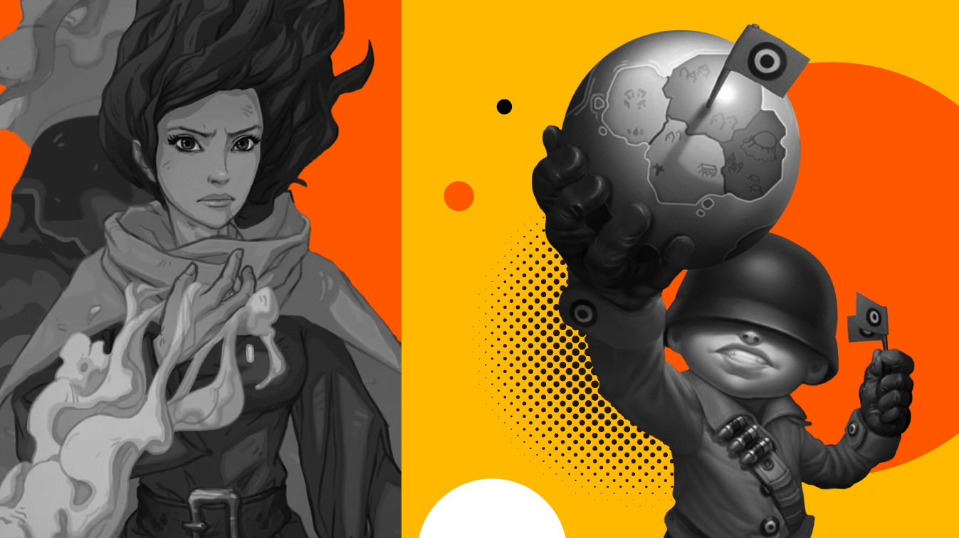 Stylized, black-and-white characters from popular tower defense games overlaid on an orange and yellow background