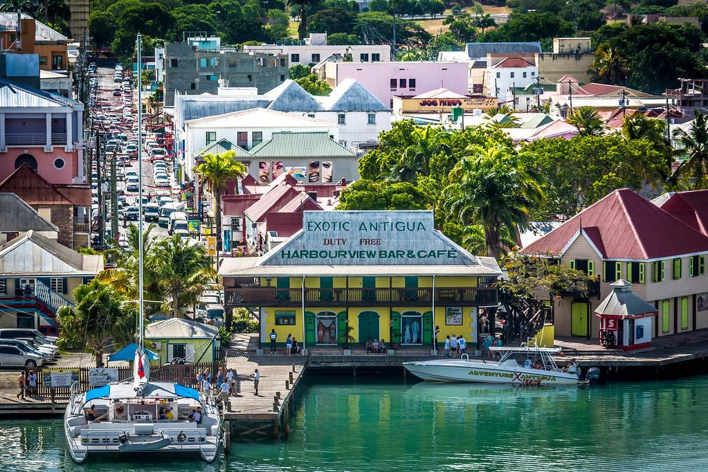 A cafe nestled beside the harbor of Antigua.