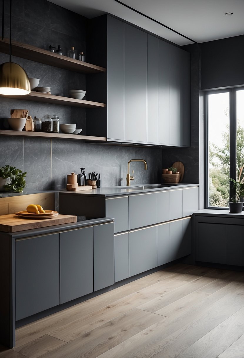 An open plan kitchen with 35 sleek gray cabinets, creating a modern and minimalist aesthetic