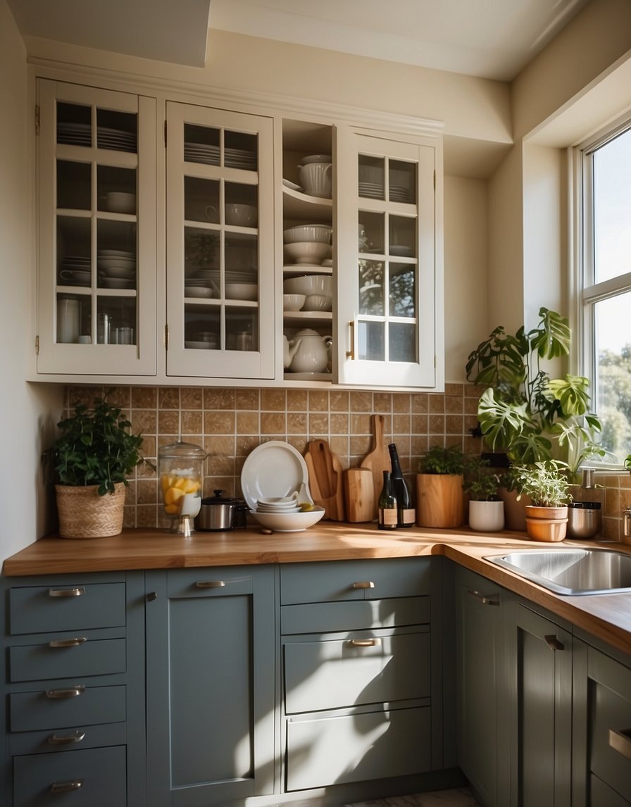 A kitchen with various cabinet colors, some being refreshed and maintained. Light streaming in through the windows highlights the different hues